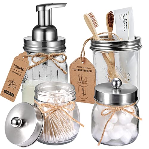 Amolliar Mason Jar Bathroom Accessories Set 4Pc - Foaming Soap Dispenser&2 Qtip Holders&Toothbrush Holder-Rustic Farmhouse Decor Bathroom Organizer Apothecary Jar Country Countertop (Brushed Nickel) - size: Brushed Nickel, style: Standard-mouth