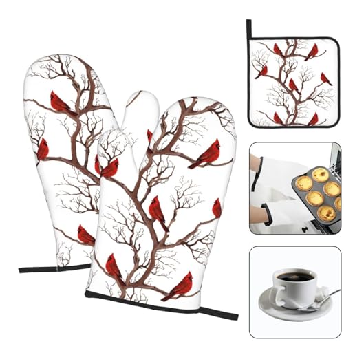 Winter Cardinal Birds Oven Mitts and Pot Holders Sets of 3 Kitchen Hot Pads Oven Gloves Heat Resistant Washable for Cooking Grilling Baking Christmas Holiday Kitchen Decor Cardinal Gifts for Women - color: Birds Cardinal