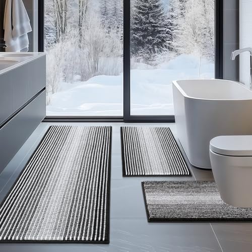 BSICPRO Bathroom Rugs Sets 3 Piece, Toilet Rugs U-Shaped Contour Bath Mat Set, Long Striped Absorbent Non Slip Chenille Shower Mat, Black - color: Black, size: 20"x47"+16"x24"+ U Shape 20"x24"