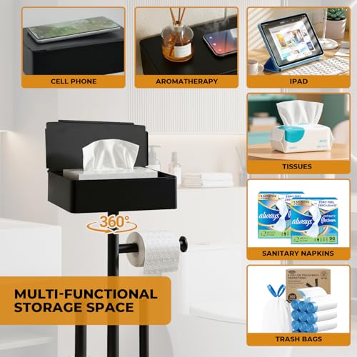 Freestanding Toilet Paper Holder Stand with Shelf for 7 Rolls, Free Standing Black Toilet Paper Roll Holder with Wipes Storage Drawer, Rustproof Metal Floor Bathroom Tissue Holder for Bathroom - size: Style 2