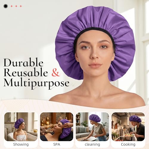 Extra Large Shower Cap for Women, Reusable Waterproof Shower Bonnet with Satin Lining, Double Layer Washable Bath Hair Cap for Braids, Locs, Long Thick Curly Hair, Natural Hair(Big Lavender) - color: Lavender