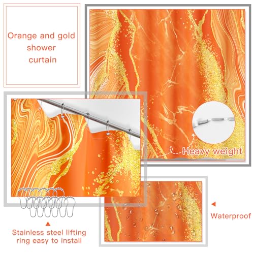 21PCS Bathroom Sets with Shower Curtain and Rugs Bathroom Accessories Set Orange Bathroom Set Complete with Trash Can, Toilet Brush, Qtip Holder & 3PCS Soap Dispenser - size: Bath Set+Marble Shower Curtain+Rugs, style: Orange