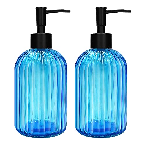 Pack of 2 Glass Soap Dispenser with Black Pump, 400 ml Refillable Pump Dispenser for Kitchen, Bathroom, Order, Laundry Room, Liquid Glass Bottle for Washing Up Liquid, Shampoo, Conditioner (Blue) - color: Blue