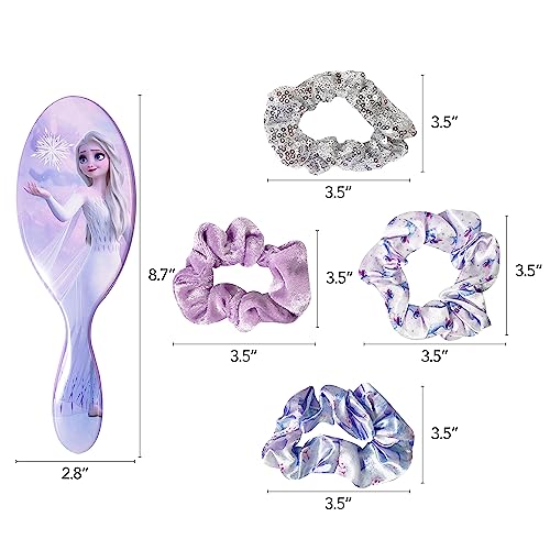 Frozen Princess Elsa Hair Accessory 5 Pcs Set - 1 Regular 9 inch Frozen Hairbrush & 4 Frozen Scrunchies - Detangling Brush & Elastic Hair Ties Ropes for Girls, Ages 3+ - color: Elsa 5 Piece Hair Accessories