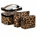 3PCS PU Leather Makeup Bag, Large Travel Cosmetic Pouch, Cute Toiletry Organizer for Women, Set of 3 - color: Brown-3pc