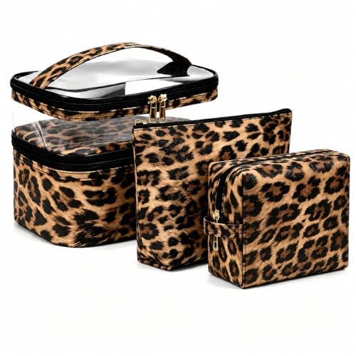 3PCS PU Leather Makeup Bag, Large Travel Cosmetic Pouch, Cute Toiletry Organizer for Women, Set of 3 - color: Brown-3pc