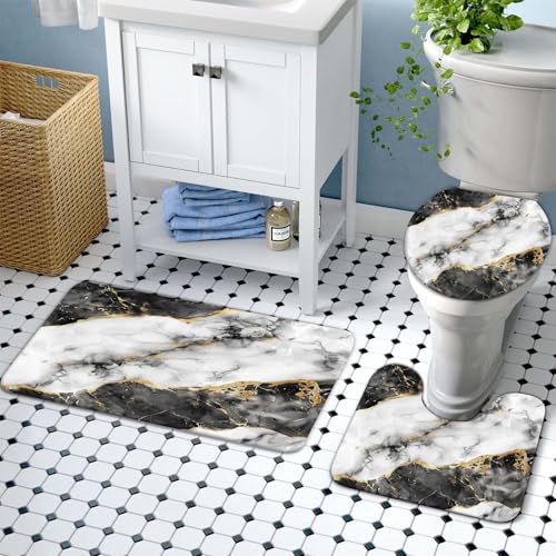 Lnond 4Pcs Bathroom Sets with Shower Curtain and Rugs, Marble Bathroom Shower Curtain Sets, Black White Gold Modern Art Bathroom Sets with Rugs and Accessories - color: Black Grey Marble