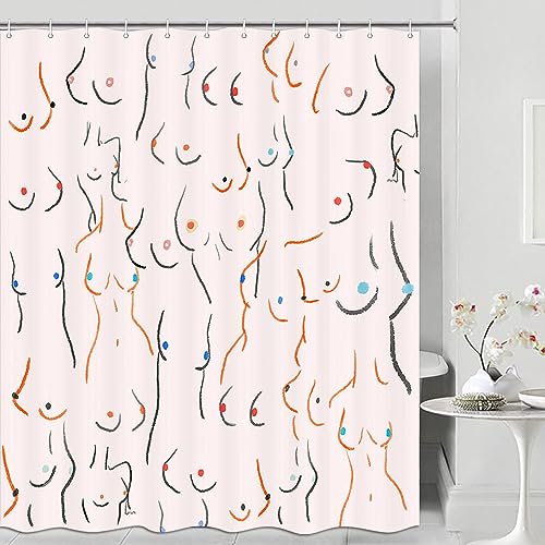 JAWO Fun Boobs Shower Curtain,Funny Shower Curtains, Pink Nude Female Body Hilarious Art Fabric Bathtub Curtains Set Accessories,Cute Boob Women Female Body Abstract Bathroom Curtain with Hook - color: Pink, size: 36"W x 72"L (Pack of 1)