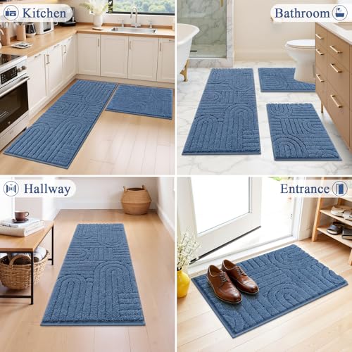 Vaukki Bathroom Rugs Sets 3 Piece, Blue Washable Non Slip Soft Bath Mats for Shower and Tub, Plush Absorbent Microfiber Toilet Rug U Shaped, 48x20+26x18+24x20 Inch - color: Blue, size: 18''x26''+20''x48''+20''x24''