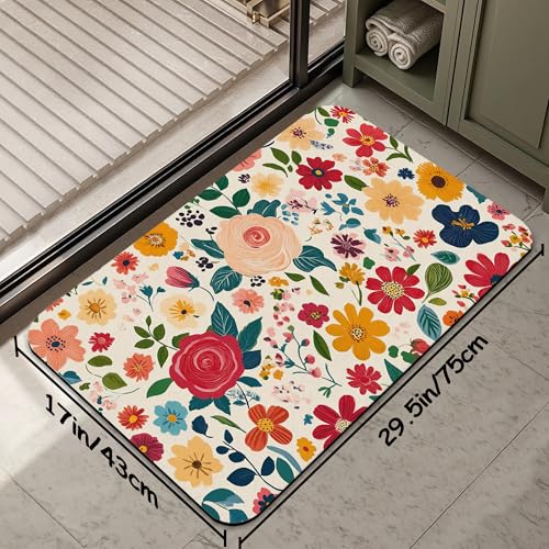 Vintage Red Flowers Bath Mat 29.5"x17", Slim Low-Profile Fast Drying Super Absorbent Bathroom Rug with Non-Slip Backing, Easy-Clean Modern Floor Mat for Tub, Shower, or Entryway - color: Vintage Red Flowers