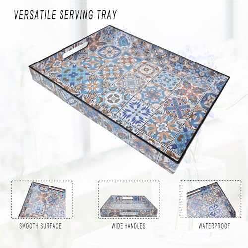 Spsyrine Serving Tray with Handles, Plastic Decorative Tray for Coffee Table, Living Room, Home Decor,Boho - color: Multi Boho