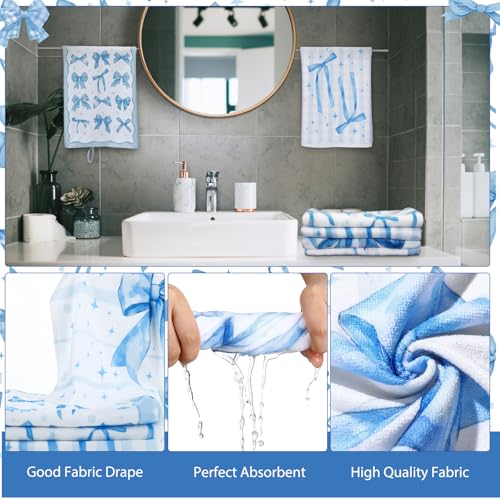 FuWeave 8 Pcs Blue Shower Curtain Set Coquette Blue Bathroom Decor Aesthetic Bow Knot Waterproof Shower Curtain Towels Non Slip Rug Toilet Lid Cover Bath Mat with 12 Hooks for Women Home Bath - color: Blue Bow