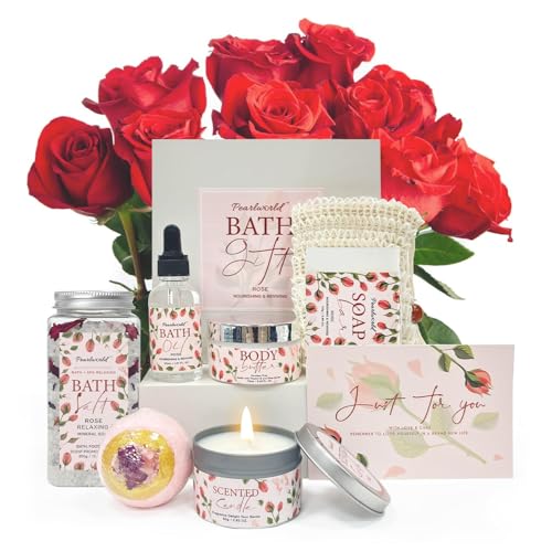 Rose Spa Gift Set for Women, Luxury 9 Pcs Bath Salts Set, Relaxation Gifts for Women, Self Care Set, Clean Moisturizing Skin, Gifts for Mom, Wife, Sister, Friend
