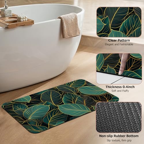 Gold Green Tropic Leaves Bathroom Rugs,Bath Mats for Bathroom, Low Pile Absorbent Bath Mat,Rubber Backing Non Slip Washable Thin Quick Dry Door Mat 17x29.5 Inch - color: Gold Green Tropic Leaves
