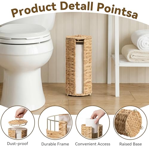 GRANNY SAYS Free Standing Toilet Paper Holder Stand with Storage, Water Hyacinth Wicker Toilet Paper Storage with Lid, Holds 3 Rolls, Tissue Holder for Bathroom with Built-in Cloth Lining - color: Natural（water Hyacinth）, size: 6¾"D(For 3 Roll)