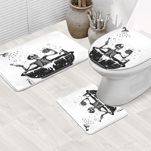 4PCS Funny Skull Skeleton Halloween 71Wx71H Inches Gothic Black White Shower Curtain Sets with Rugs, Toilet Lid Cover and Bath Mat, Spooky Bath Accessories Art Home Decor Fabric 12 Pack Hooks - color: A5-skull