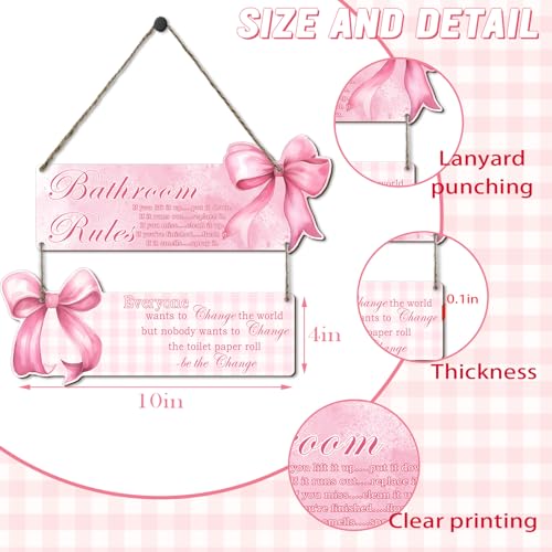 Bow Bathroom Decor, Pink Bow Decor, 2-Piece Set of Fun Bathroom Signs, Suitable for Teen Bedrooms and Teen Girls Bedrooms, Rustic Style Wooden Signs, Gifts for Daughters and Besties