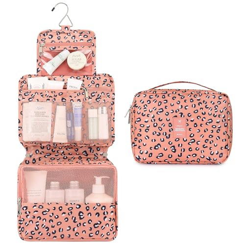 Mossio Hanging Toiletry Bag with Sturdy Hook - Large Portable Cosmetic Makeup Travel Organizer for Men & Women - color: Pink Leopard