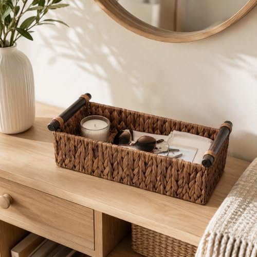 Water Hyacinth Toilet Tank Basket – Wicker Toilet Paper Storage Basket for Back of Toilet, Bathroom Counter Organizer with Wooden Handles, Brown - color: Brown