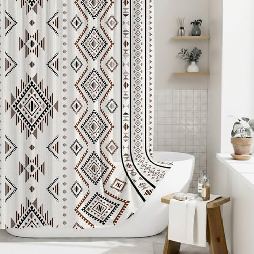 HunnmingRe Western Shower Curtain Waffle Southwest Aztec Geometric Stripes Fabric Shower Curtain Set with Hooks for Bathroom 72 x 72 Inches Farmhouse Boho Bath Curtains(Brown) - color: Brown