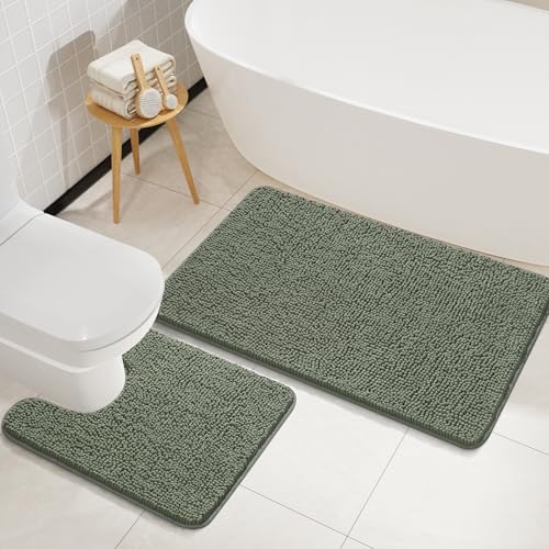 LOCHAS Bathroom Rugs Sets 2 Piece, Soft Non Slip Bath Mat Set, 20''x20'' U-Shaped Toilet Rug and 34''x21'' Sage Green Bath Rugs, Washable Absorbent Chenille Toilet Rug Set for Bathroom, Shower - color: Sage Green