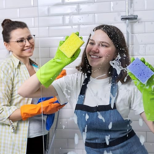 2 Pairs Household Cleaning Gloves Reusable Waterproof Dish Washing Rubber Gloves for Kitchen & Bathroom Cleaning (Large 12.2inch/3.3inch, Random color)