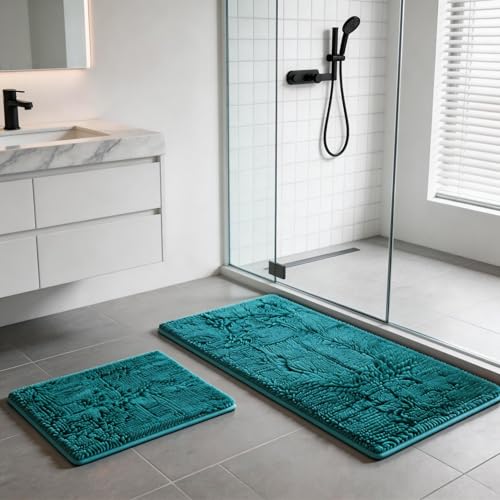 Teal Blue Bathroom Rugs Bath Mats for Bathroom Chenillen Bath Rug Set 2 Piece Non-Slip Bath Mats, Absorbent Shaggy Rugs, Machine Wash, Perfect Plush Bathroom Mats, Batroom Carpets Set - color: Teal Blue, size: 32"L x 20"W + 24"L x 16"W