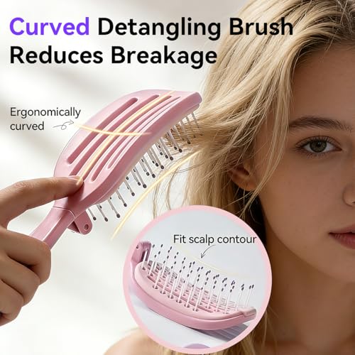 Self Cleaning Hair Brush, Curved Vented Detangler Brush for Faster Blow Drying, Anti-Breakage Wet & Dry Hair Brush for Women Men Kids, All Hair Types, Folding Travel Brush, Pink - color: Pink
