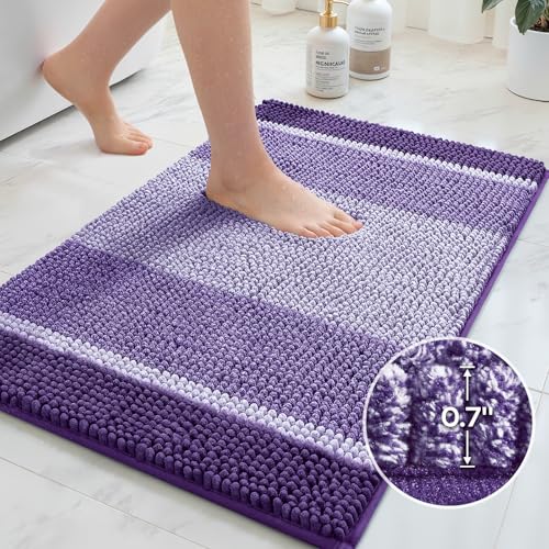 HOMEIDEAS Purple Bathroom Rugs Set of 2, Thick Absorbent Chenille Bath Mats, Non-Slip Soft Shaggy Rugs for Bathroom Floor, 20" x 32" Plus 17" x 24" - color: Purple