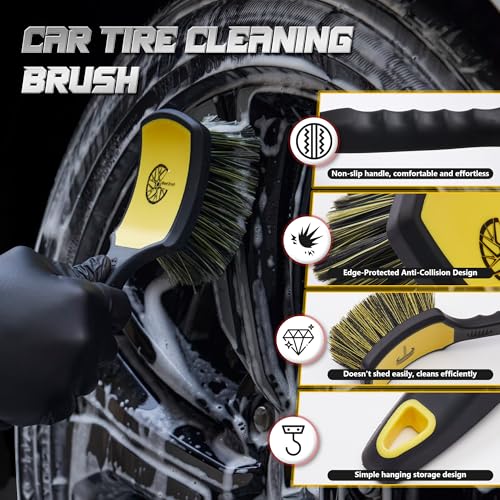 BMLEI Wheel & Tire Brush Set, 2 Pack Car Wheel Brush & Tire Cleaner Brushes, Soft Bristle Rim Brush and Stiff Tire Scrub Brush, Scratch-Free Wheel Cleaning Kit for Car Detailing, Trucks, SUVs - color: Yellow&black