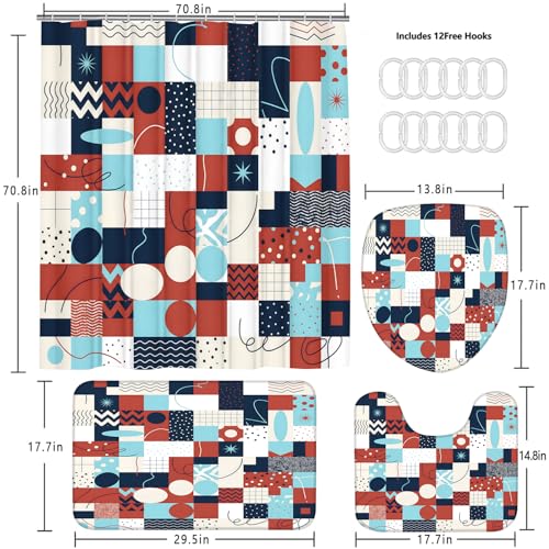 LQCOOL Geometric Patchwork Shower Curtain Set Bathroom Sets Modern Shower Curtain Set for Bathroom Sets with Rugs and 12 Hooks - color: Colorful Geometry