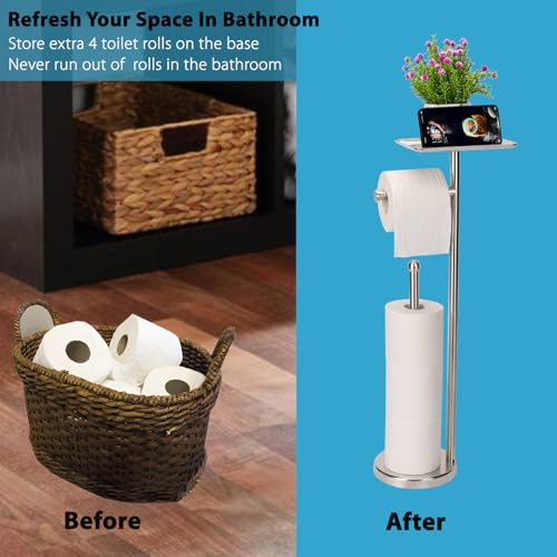 Noonext Toilet Paper Holder with Shelf, Freestanding Toilet Paper Stand with Tray for Small Items, Toilet Paper Holder Freestanding, Storage Space for 4 Extra Toilet Paper Rolls (Brushed Nickel) - color: Brushed Nickel