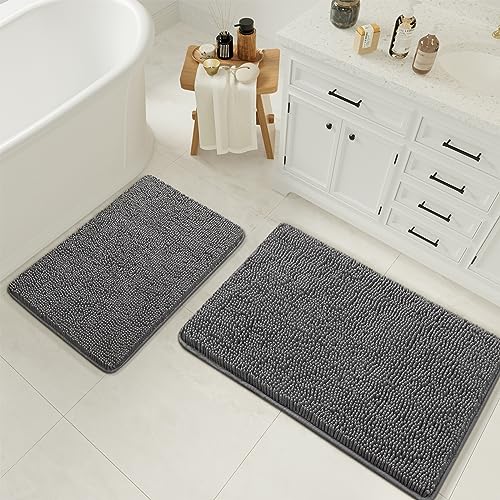 LOCHAS Bathroom Rugs Sets 2 Piece, 17 x 24 Plus 20 x 32 Inches Thick Non Slip Bath Rug Set, Absorbent Soft Chenille Bath Rug, Machine Washable Quick Dry Bath Mat for Bathroom Floor, Grey - color: Grey, size: 1'5" x 2' (Rectangular)