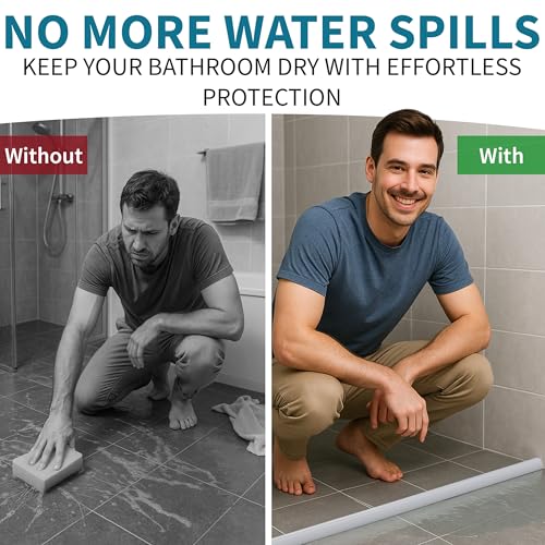 Premium Transparent 39 inch Shower Threshold Water Guard Collapsible Silicone Wet Room Floor Barrier & Bathtub Splash Waterstopper Self Adhesive Dam Strip for Kitchen Sink Edge & Bathroom Door Seal