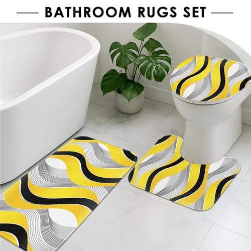 Yellow Striped Shower Curtain Set with Toilet Lid Cover and Non-Slip Rugs for Bathroom, Grey and Black Geometric Lines 4 Pcs Shower Curtain, Modern Yellow Bathroom Set with 12 Hooks - color: Geometric Lines Yellow