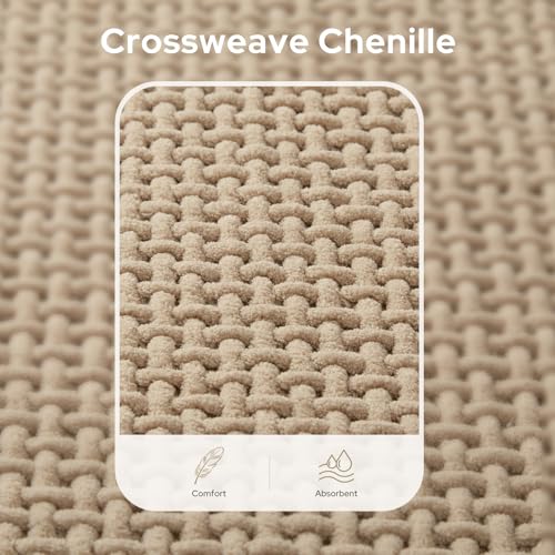 HOMEIDEAS Bathroom Rugs Set 2 Piece, Ultra Thin Non-Slip Bath Mats Rubber Backed, Chenille Absorbent Quick Dry Mats, Boho Bathroom Rugs, Low Profile Fits Under Door (Beige, 32"x20"+24"x17") - color: Beige