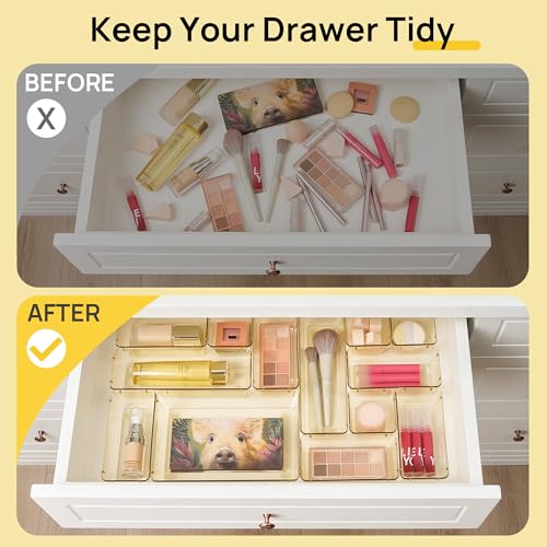 Vtopmart 25 PCS Clear Plastic Drawer Organizers Set, 4-Size Versatile Bathroom and Vanity Drawer Organizer Trays, Storage Bins for Makeup, Bedroom, Kitchen Gadgets Utensils and Office - color: Clear Champagne