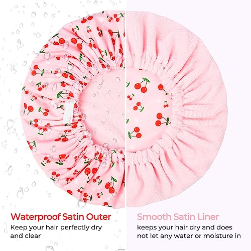 Shower Cap for Women Terry Lined Bath Cap Large Reusable Waterproof Elastic Band Pink Shower Caps for Long Thick Hair Soft Bath Shower Hair Caps - color: Pink Cherries