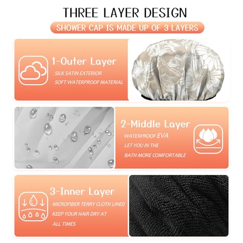 Luxury Shower Cap Terry Lined Reusable Triple Layer Waterproof Hair Elastic Caps Shower Bath Hat for Women Girls Cute Aesthetic-Golden Sunflower - color: AL2-Golden Sunflower
