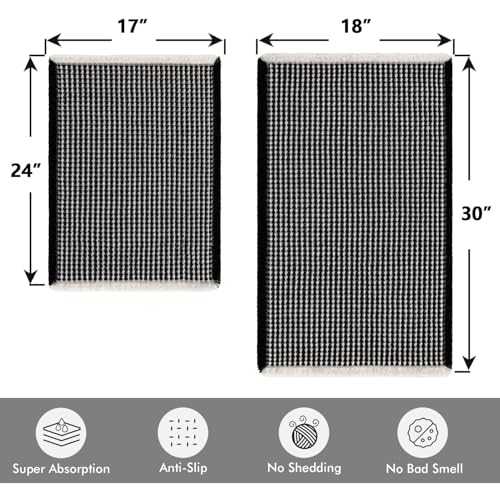 MIULEE Set of 2 Waffle Bathroom Rugs, Boho Bath Rugs Non Slip Washable, Super Absorbent Bath Mats, Ultra Soft Rubber Backed Shower Mats for Bathroom Floor, Tub, Black & Cream, 17"x24"+18"x30" - color: Black & Cream, size: 17''x24'' + 18''x30''