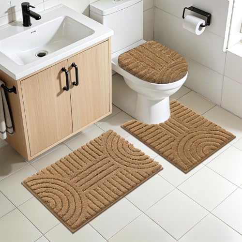 SHACOS Bathroom Rugs Sets 5 Piece Ultra Soft Absorbent Microfiber | Bath Mat with Bath Runner, U Shape Contour Rug, Toilet Lid Cover, Non Slip Machine Washable Carpet for Bedroom, Mustard - color: Mustard
