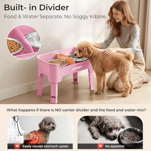 URPOWER Mess Proof Elevated Dog Bowls 4 Height Adjustable Raised Bowl Stand with 2 Stainless Steel Dog Bowls Non-Slip Food and Water Bowl Set for Small Dogs, Pink - color: Pink, size: Small