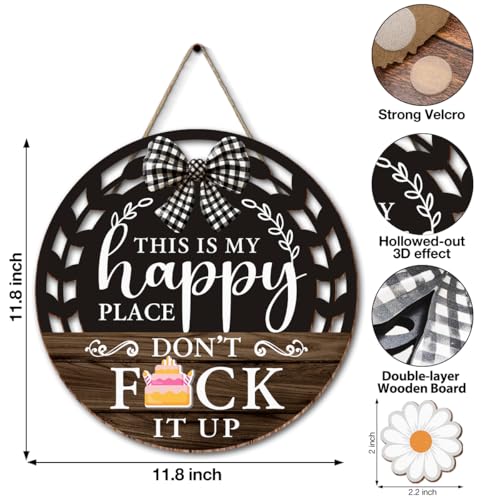 Interchangeable Seasonal Happy Place Hanging Sign - Farmhouse Backyard Door Decoration for Spring All Seasons Holidays - Rustic Round Wood Wreaths with 12 Icons(Brown) - color: HAPPYbrown