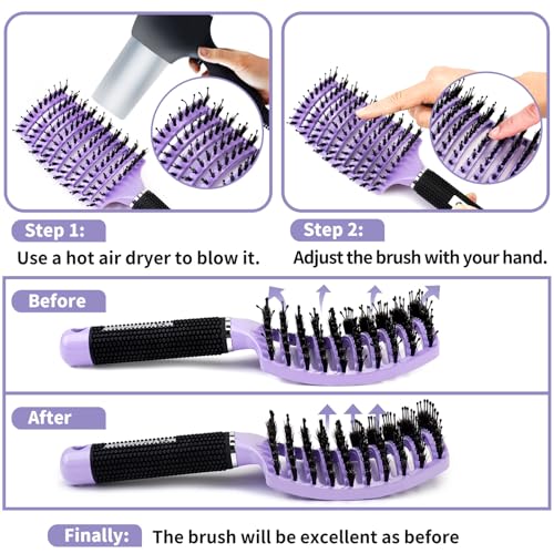 Boar Bristle Hair Brush Set of 2, HIPPIH Wet & Dry Hair Brushes Made by Fine Natural Boar Hair Can Adds Shine and Smoothing, Detangling Hairbrush for Women, Men & Kids' Long Curly Thick Hair - color: Purple & Pink