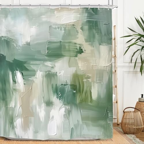 Miyotaa Abstract Sage Green Shower Curtain Set 60Wx71H Inches Brush Stroke Art Neutral Modern Contemporary Oil Painting Waterproof Bathroom Curtain with 12 Hooks - color: Abstract Sage Green, size: 60"W x 71"L (Pack of 1)