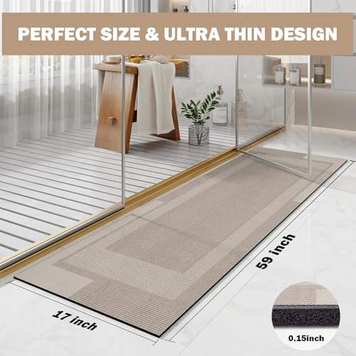 YDKGL Non Slip Long Bathroom Runner Rug Bath Mat, Rubber Backing Ultra Thin Bathroom Rugs Fit Under Door Quick Dry Super Absorbent Washable Shower Mat for Bathtub Sink Floor, Beige 17"x59" - color: A- Beige, size: 17” x 59“