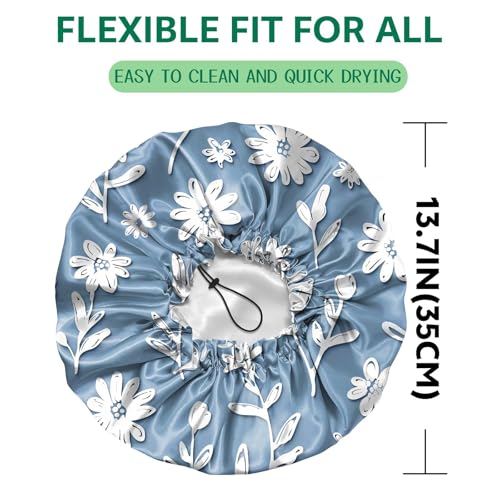 2 PCS Shower Cap Waterproof Double Layer Elastic Adjustable Reusable Hair Bath Caps for Girls Women Cute Aesthetic-Blue White - color: G18-Blue White