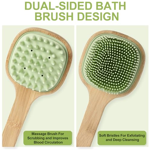 Silicone Back Scrubber for Shower, Silicone Bath Body Brush Loofah with Long Handle, Dual-Sided Shower Brush for Body, Green Exfoliating Body Scrubber for Men Women, Back Washer for Men with Hook - size: green-1pcs