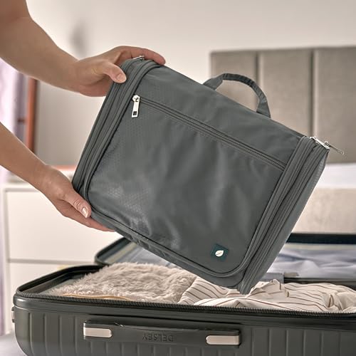 PAVILIA Large Hanging Toiletry Bag for Women Men, Travel Cosmetic Organizer with 10 Compartments, Swivel Hook and 3 Leakproof Pockets, Water Resistant Makeup Case, Packs Flat, Black - color: Grey