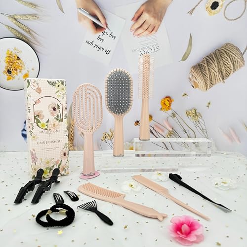 Hair Brush Set, Professional Styling Tools with Combs and Accessories, Pink, Gift Box Included (Pink Brush+Pink Comb) - color: Pink Brush+Pink Comb